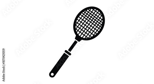 A simple black silhouette of a handheld fly swatter with a mesh head and long handle silhouette