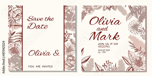 Floral wedding invitation cards with names olivia and mark save the date design