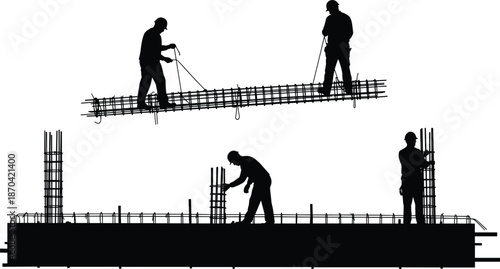 Construction worker silhouette, rebar reinforcement artwork, concrete building design, industrial teamwork illustration, structural labor job art