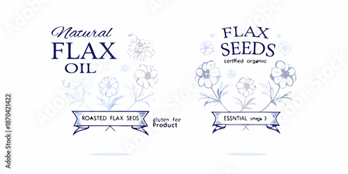 Natural flax oil and seeds illustrated with delicate floral design elements