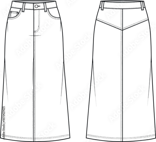Technical Flat Sketch of a Long Denim Maxi Skirt for Women Featuring Five Pockets, Back Yoke, Center Seam, and Waistband.