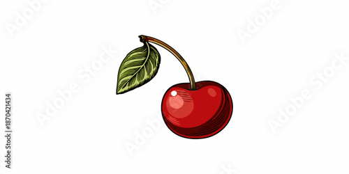 A vibrant illustration of a single ripe cherry with a connected green stem