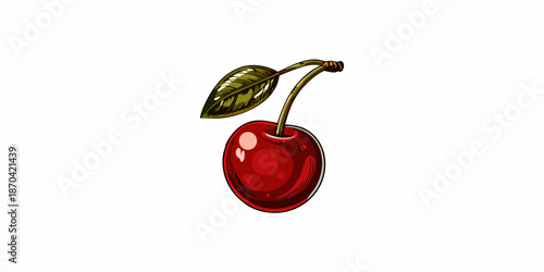 A vibrant illustration of a single ripe cherry with a fresh green stem