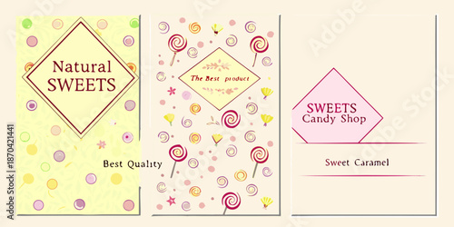 Colorful candy shop flyer designs with sweet treats and decorative elements