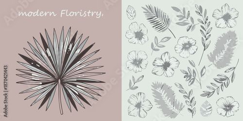 Botanical illustration featuring palm leaves wildflowers and a muted color palette