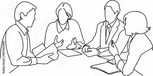 A simple line drawing depicting four people seated around a table