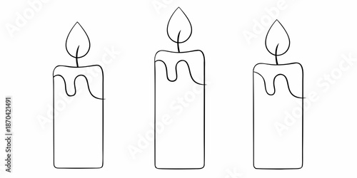Simple line drawing of three lit candles with dripping wax black and white