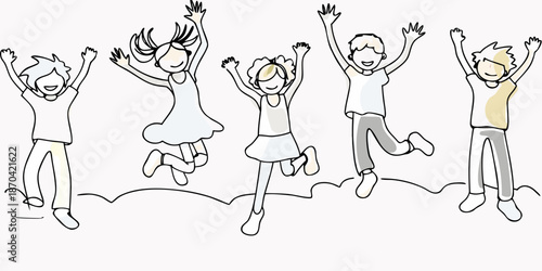 Joyful children jumping with arms raised in a simple sketch illustration