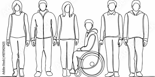 Line art illustration of a diverse group of people including a wheelchair user