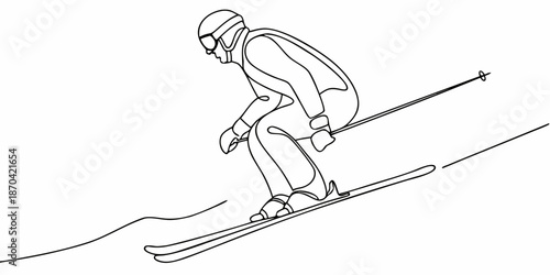 A minimalist line drawing of a skier in motion down a snowy slope