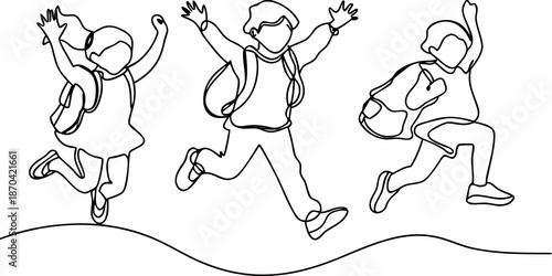 Joyful children leaping with backpacks in a continuous line drawing style