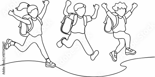 Joyful children jumping with backpacks a simple line drawing illustration
