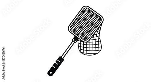 A simple black and white illustration of a fishing net and handle a clear silhouette