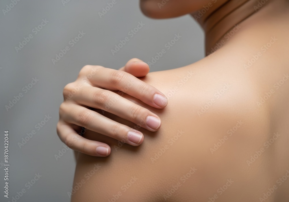 Fototapeta premium Closeup of a persons hand touching their shoulder with a visible red spot on the skin