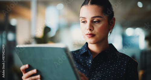 Bilde på lerret Journalist, reading or woman with tablet in creative agency, check publication app or online newspaper