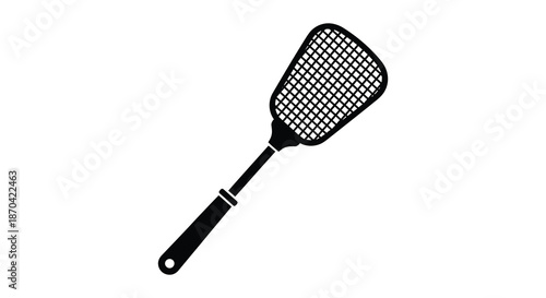 A simple black illustration of a handheld electric fly swatter depicted as a silhouette