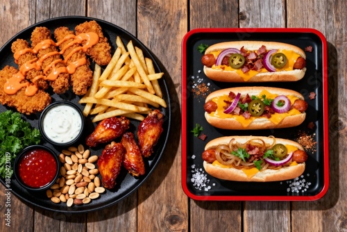 Fast Food Feast with Loaded Hot Dogs, Crispy Chicken, and Dipping Sauces