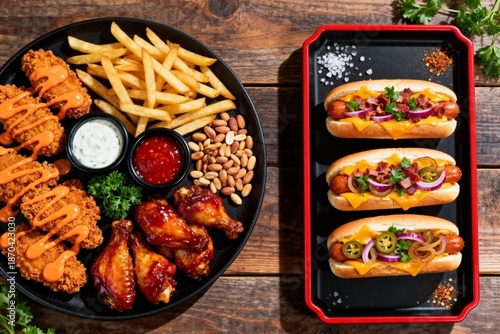 Top View of Hot Dog Tray with Crispy Chicken Wings and French Fries