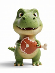 Cartoon dinosaur holding a broken rugby ball and bone on a white background