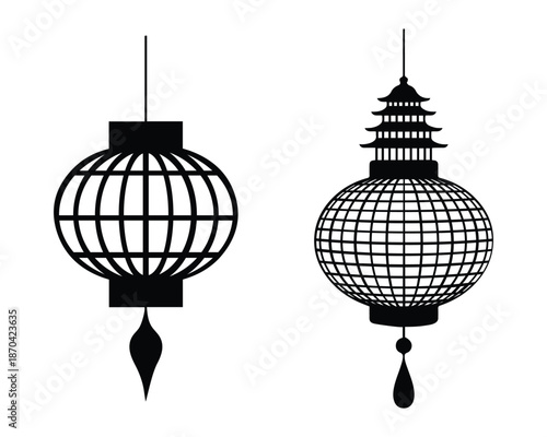Two asian lanterns in black silhouette on transparent background
