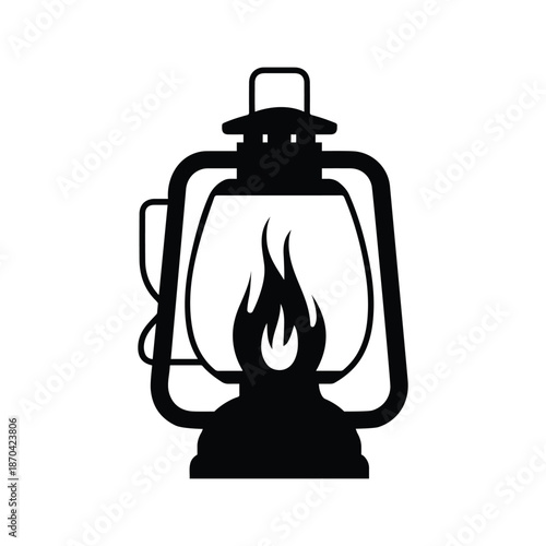 Black kerosene lamp with a glowing flame simple design on transparent background silhouette