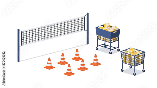 A volleyball net and orange cones arranged with two carts filled with yellow balls on a plain white background.