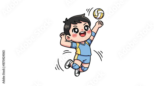 Cartoon boy in blue uniform jumping to hit volleyball with motion lines on white background.