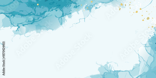 Abstract watercolor background with flowing blue inks and golden highlights