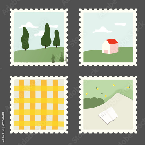 우표(여가+피크닉+집+체크+나무)