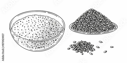 Detailed illustration of black peppercorns in a bowl and scattered arrangement