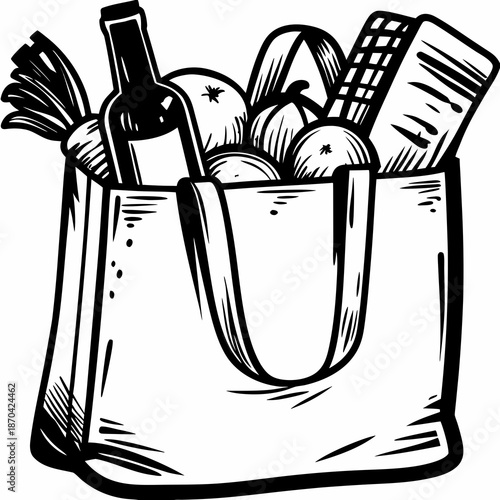 A sketch of a paper bag filled with various grocery items