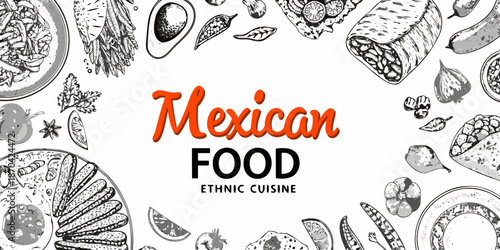 Detailed illustration of traditional mexican food and ingredients in a vintage style