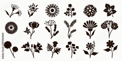 A collection of detailed floral silhouettes arranged in a neat monochrome display
