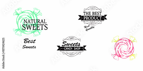 Collection of sweet treats and candy shop logos with vibrant colors