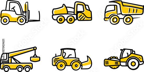 Cute Hand-Drawn Yellow Construction Machinery Icon Set: Skid Steer Loader, Excavator, Bulldozer, Dump Truck, Mobile Crane, Tower Crane & Heavy Equipment Doodle Illustrations PNG Transparent Backgroun
