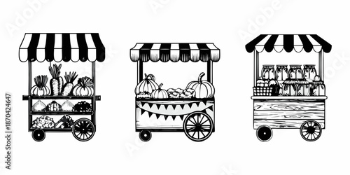 Vintage market stalls displaying fresh produce and goods in black and white