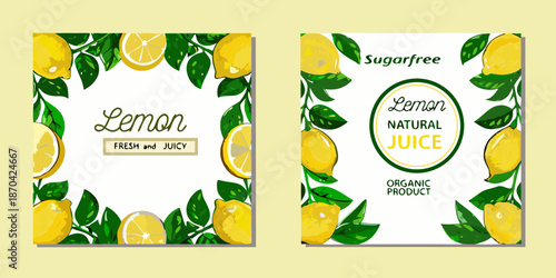 Fresh lemon juice packaging design with vibrant citrus fruits and green leaves