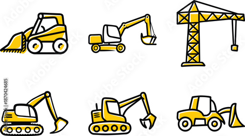  Cute Hand-Drawn Yellow Construction Machinery Icon Set: Skid Steer Loader, Excavator, Bulldozer, Dump Truck, Tower Crane, Backhoe Loader Doodle Illustrations PNG Transparent Background
