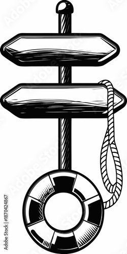 A vintage style illustration of a directional sign with a life preserver