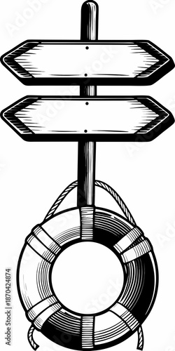 A vintage illustration of a directional signpost with a life preserver base