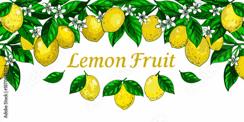 A vibrant botanical illustration featuring lemons white blossoms and lush green leaves