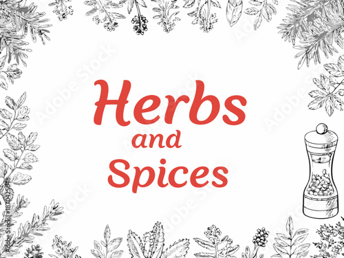 Herbs and spices illustration with pepper grinder and floral botanical elements