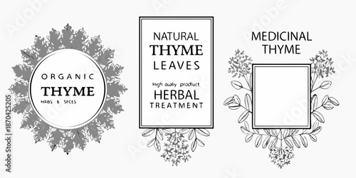 Decorative frames featuring thyme leaves and text about natural herbal treatment