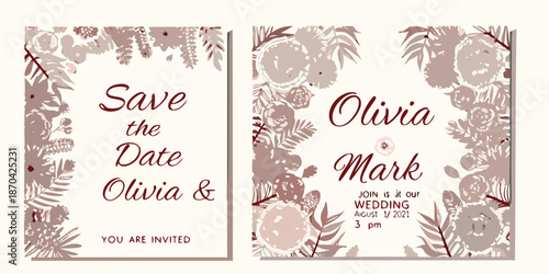Floral wedding save the date cards with elegant calligraphy and botanical details