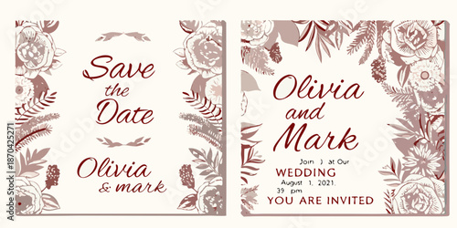 Elegant floral save the date card design featuring roses and calligraphy