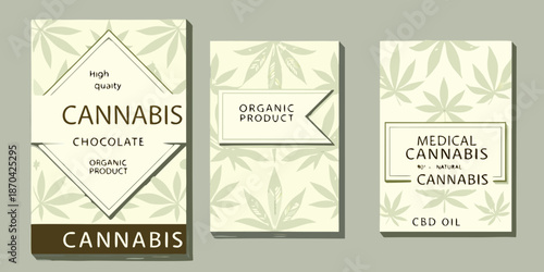 Cannabis chocolate packaging designs with leaf patterns and product information