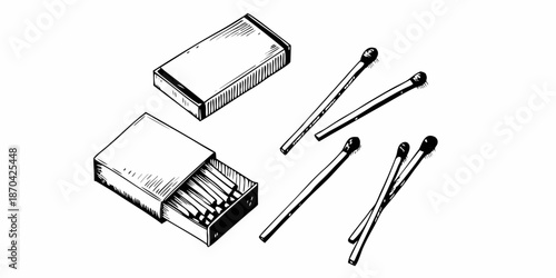 A vintage illustration depicting open matchboxes and several wooden matches