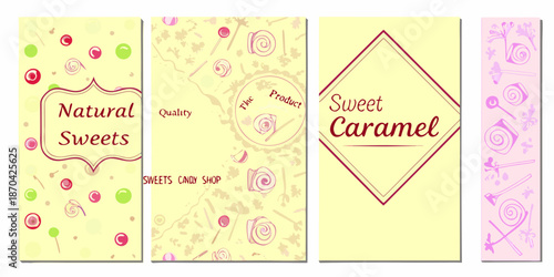 Colorful candy shop banner designs with sweet treats and floral patterns
