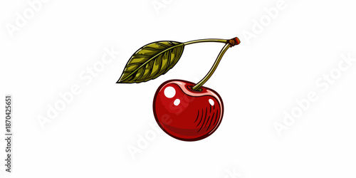A vibrant illustration of a single ripe cherry with a leafy stem