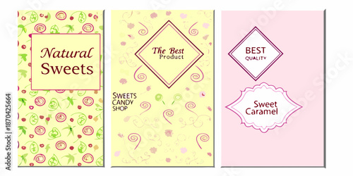 Colorful candy wrappers with floral designs and text labels for sweet products